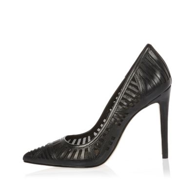 Black leather mesh court heels